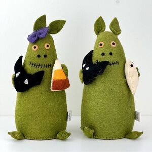 Set Of 2 Novogratz Halloween GREEN MONSTERS Felt Figure Tabletop Mantel decor